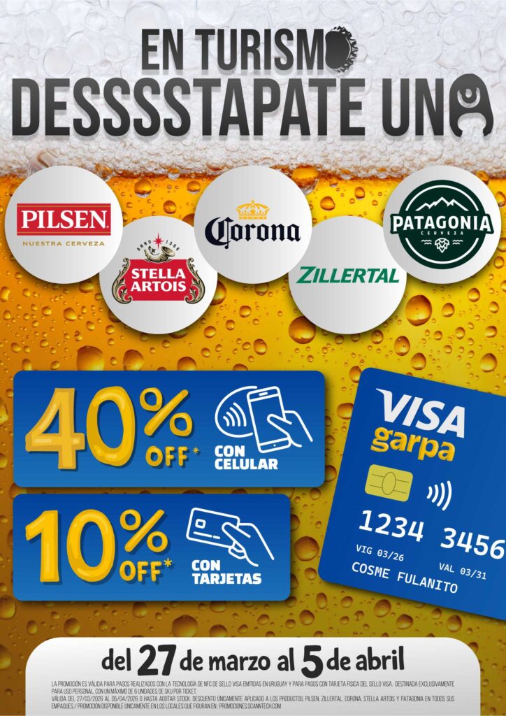 40% de descuento pagando con VISA NFC y 10% pagando con Visa tarjetas físicas EMITIDAS EN URUGUAY
