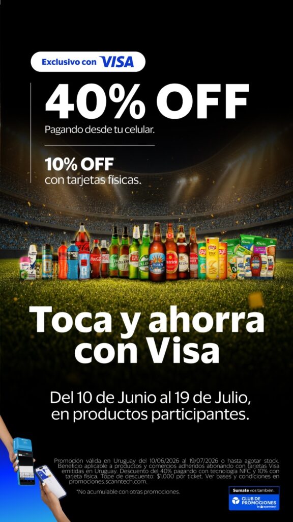 Toca y Ahorra - 40% de descuento pagando con VISA NFC y 10% pagando con Visa tarjetas físicas EMITIDAS EN URUGUAY